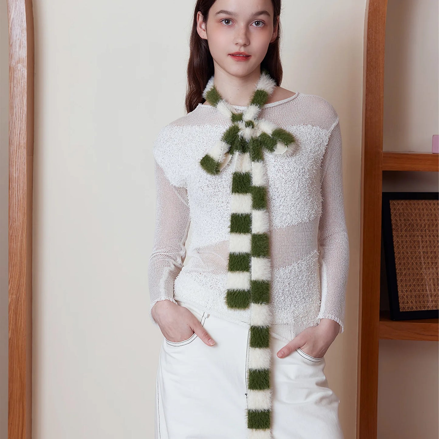4.5cm*195cm Small Narrow Striped Scarf Y2K Style Women Knit Long Fluffy Scarf Black white Stripes