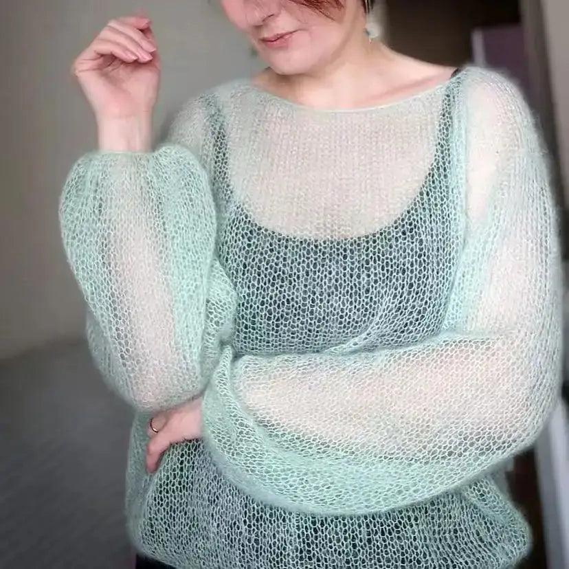 Sweet one neck pullover thin hollow out sweater for women, hand woven loose and comfortable mohair wool sweater new style