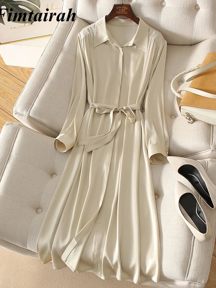 Fimtairah 6A Real Pure  silk dress Women Spring Dress sleeved    long skirt    new mulberry silk  Tops  A -line Lady Dress