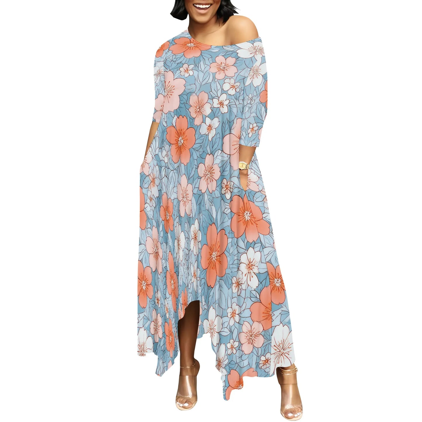 Women One Shoulder Sleeve Printed Dress High Waist Split Party Cocktail Long Dress