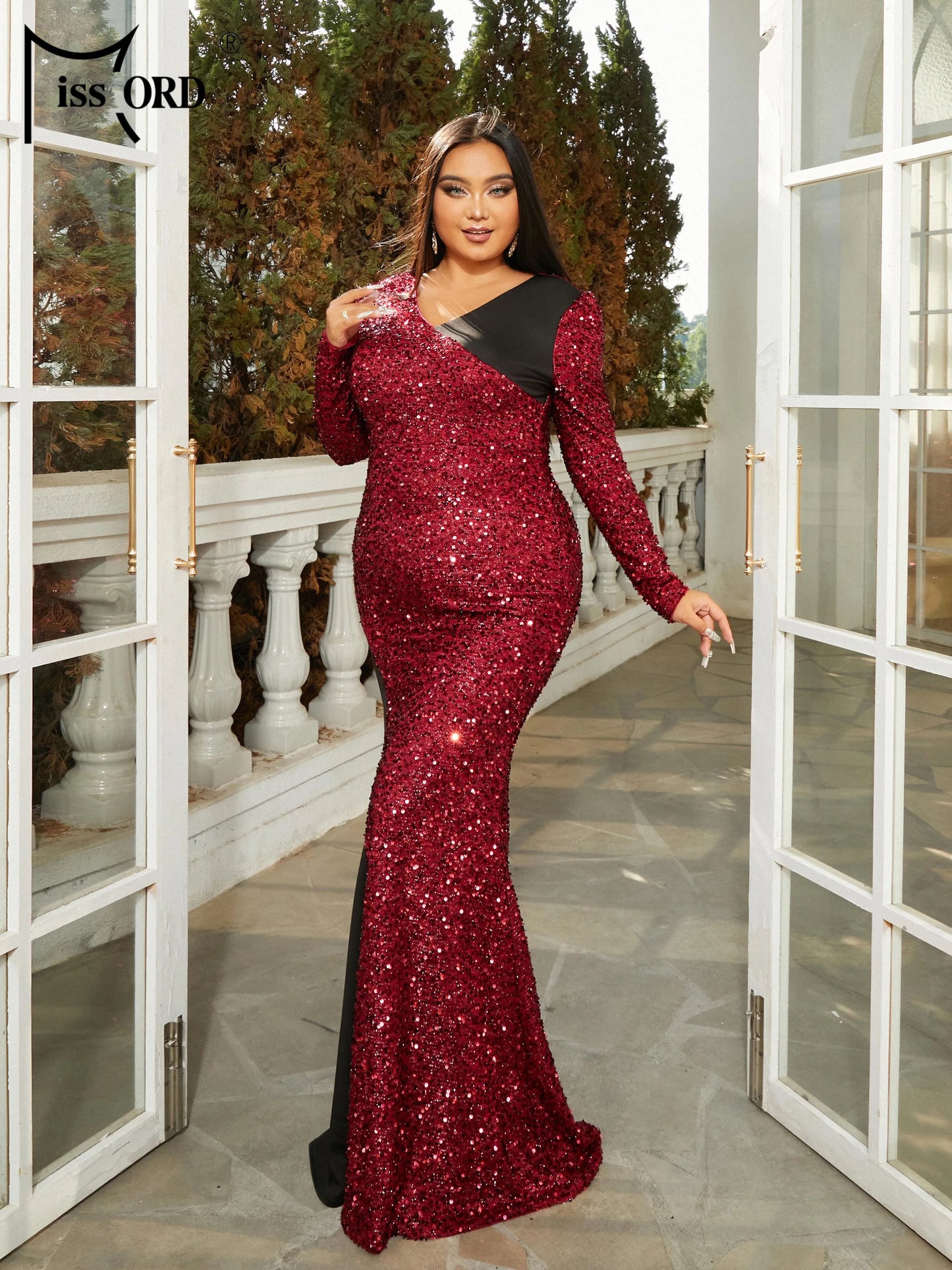 Missord New Plus Size V-Neck Long Sleeved Panel Sequin Mermaid Evening Prom Wedding Birthday Party Dress