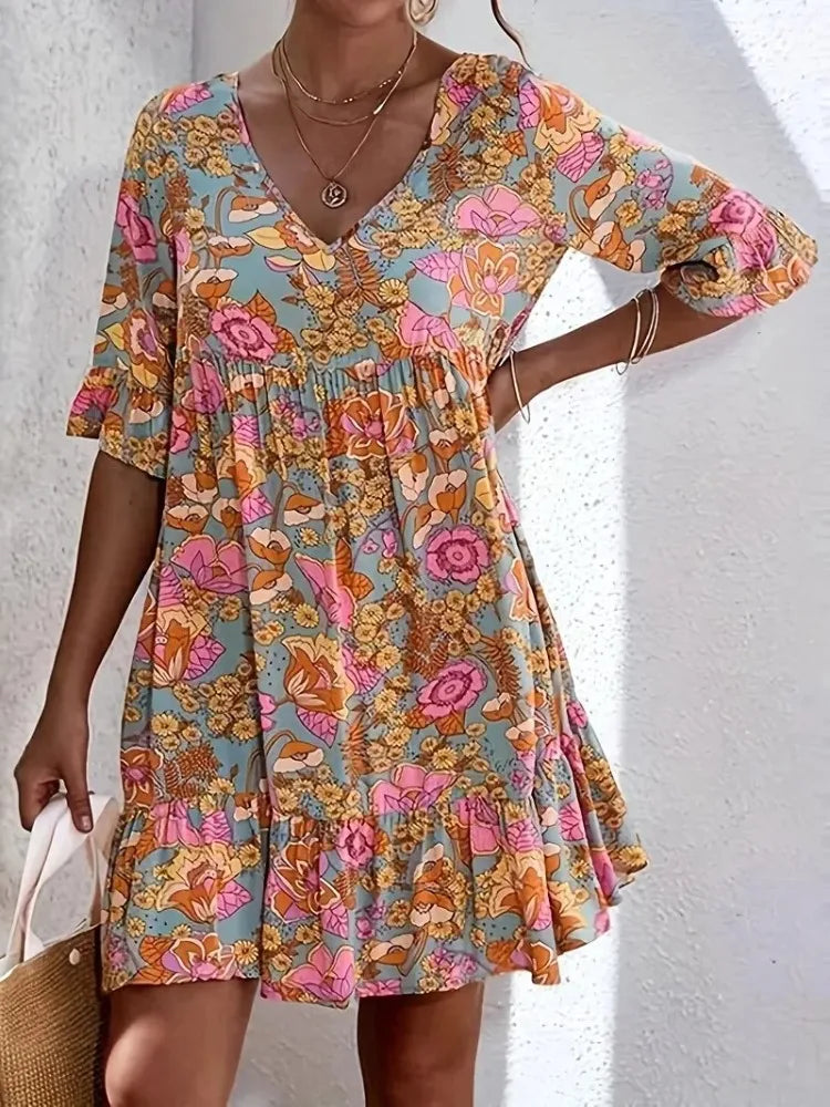Plus Size Summer Floral Print Dress Women Clothes Casual Short Sleeve Loose Fit Ruffle Hem Beach Party-Dress New Bohemian Style