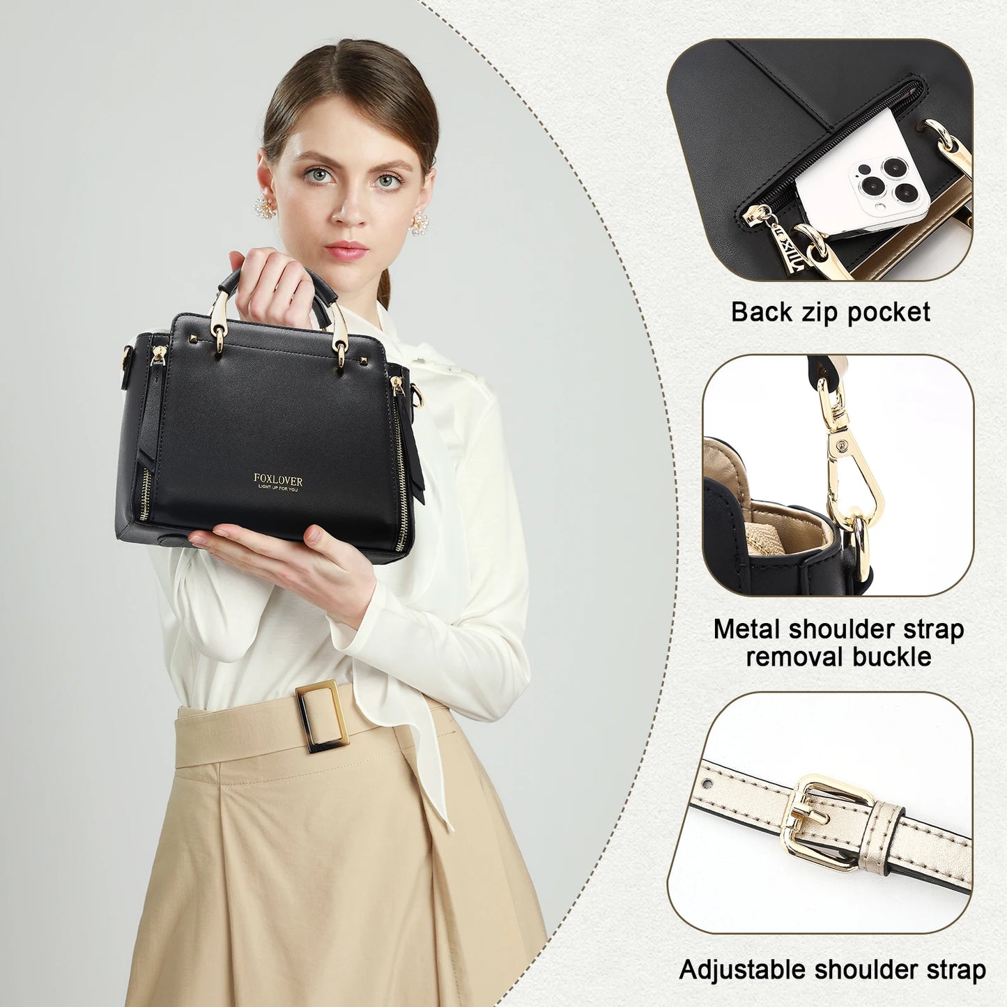 FOXER Elegant Women Top-Handle Bag  Fashion Split Leather Signature Crossbody Bag Female Large Shoulder Tote Bag Purse