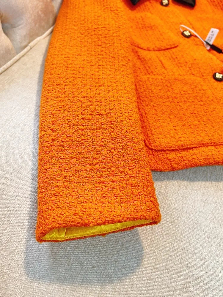 Top Quality Elegant Women Autumn Orange Wool Jacket Office Ladies Work Coat Single Breasted Party Straight Woolen Jacket Outwear