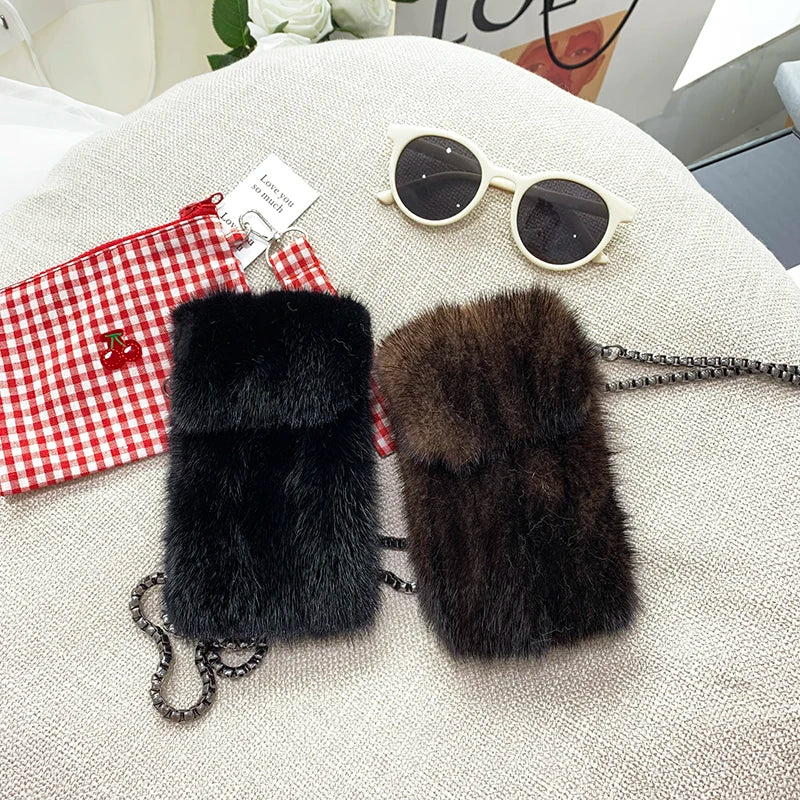 Designer Luxury Mobile Phone Bag WOMEN'S Crossbody Mini Bag Purses Fashion Mink Fur Bags For Women Neck Hanging Femimine Bag