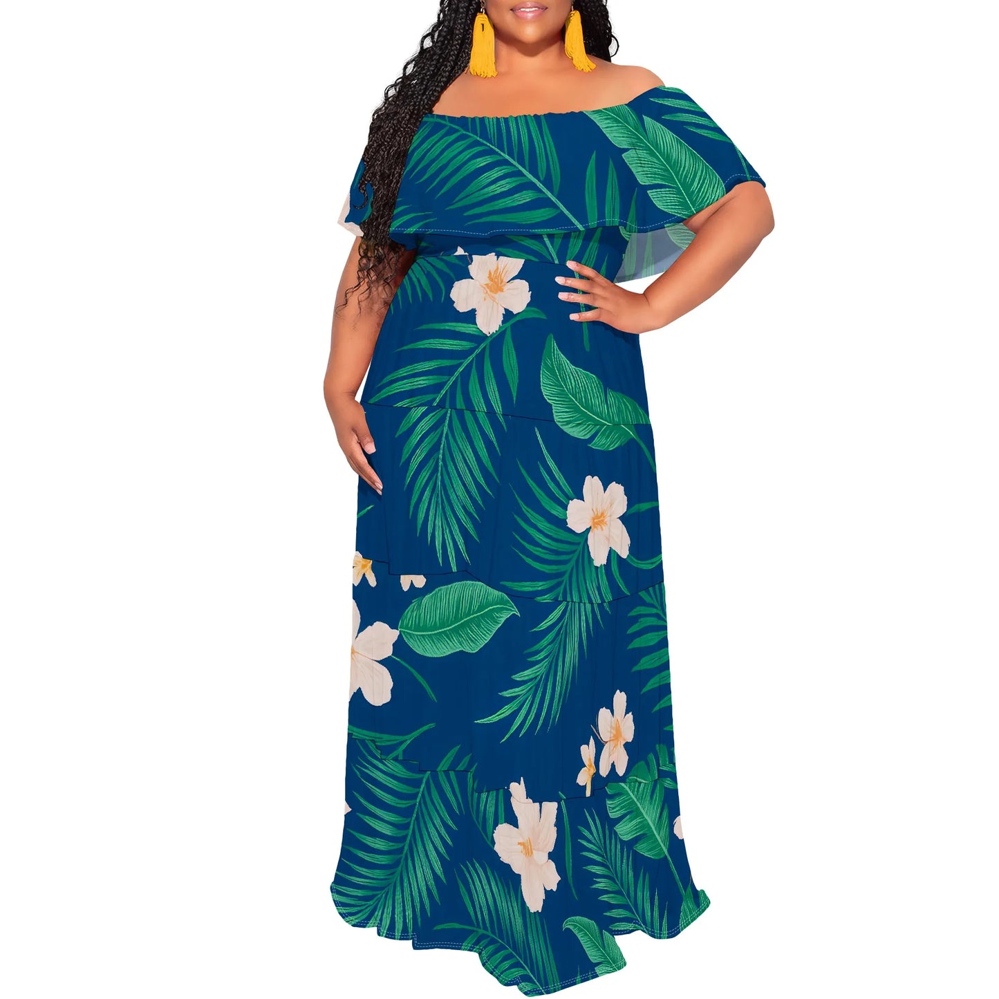 Womens Off The Shoulder Dress Summer Casual Long Ruffle Party Side Split Beach Maxi Dresses with Pockets