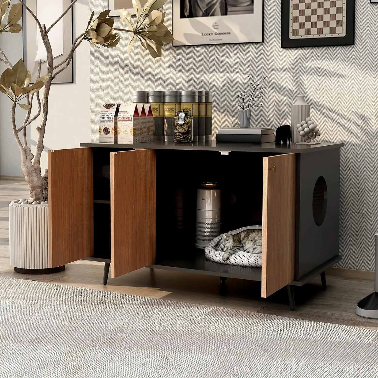 Cat Litter Box Enclosure, Hidden Litter Box Furniture, Cat Toys Cat Food Storage Cabinet, Cats Litter Box with Partitions,