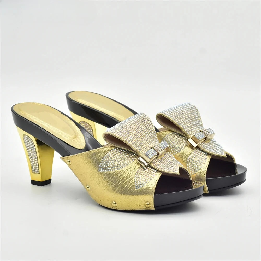 Manufacturer   Gold Color Women Slippers Shoes African Women Wedding Shoes Elegant Italian Woman Shoes with Stone High Heels Woman Summer Pumps   Pumps
