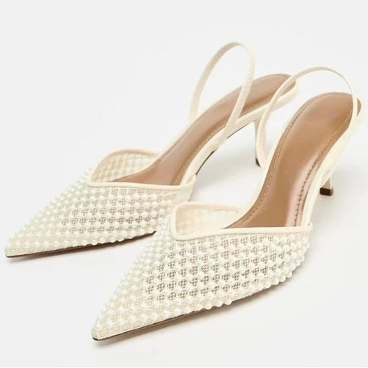 Manufacturer   Mesh Brand Sandals Women Pumps Pointed Toe Elegant Slingback High Heels Female String Bead Designer Banquet Wedding Dress Shoes   Pumps