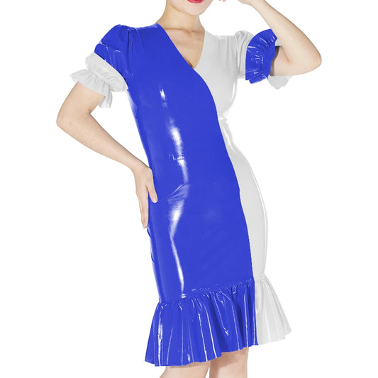 Plus Size Knee-length Patchwork Dress Glossy Faux Leather Party Bodycon Short Sleeve Dress Back Zipper Ruffles Hem Womens Dress