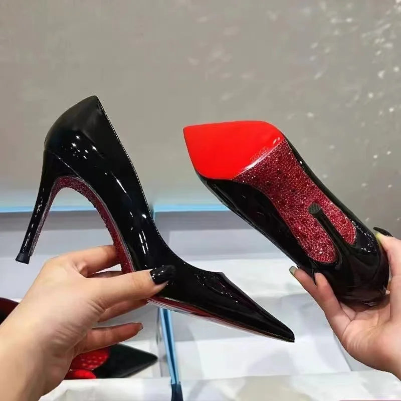 Manufacturer New Trend Sexy Patent Leather High Heels Women's Slip-On Pointed Stilettos Rhinestone High Heels Women's Sandals Zapatos   Pumps