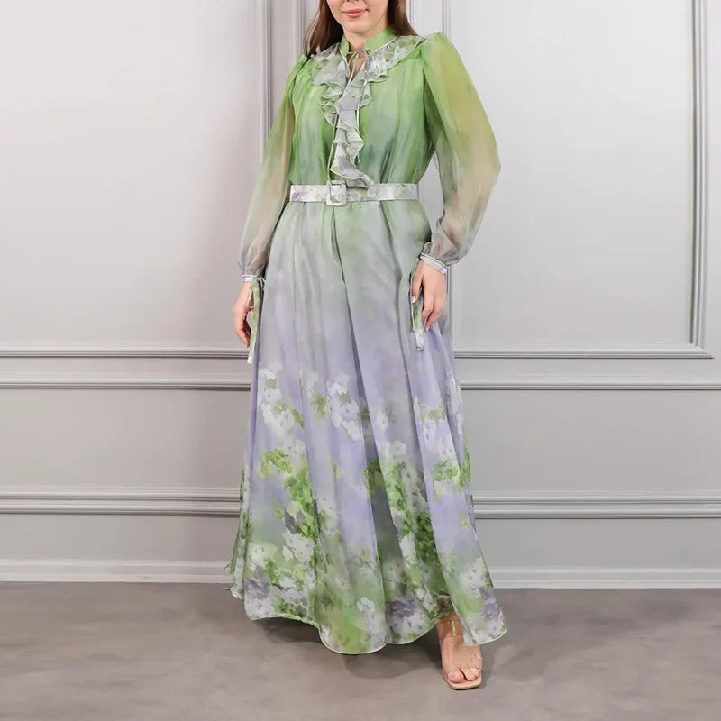 Retro Court Style Long Dress Full Sleeve Floral Print Slimming Waist Ankle Length Skirts Cotton Material Stand Collar Regular