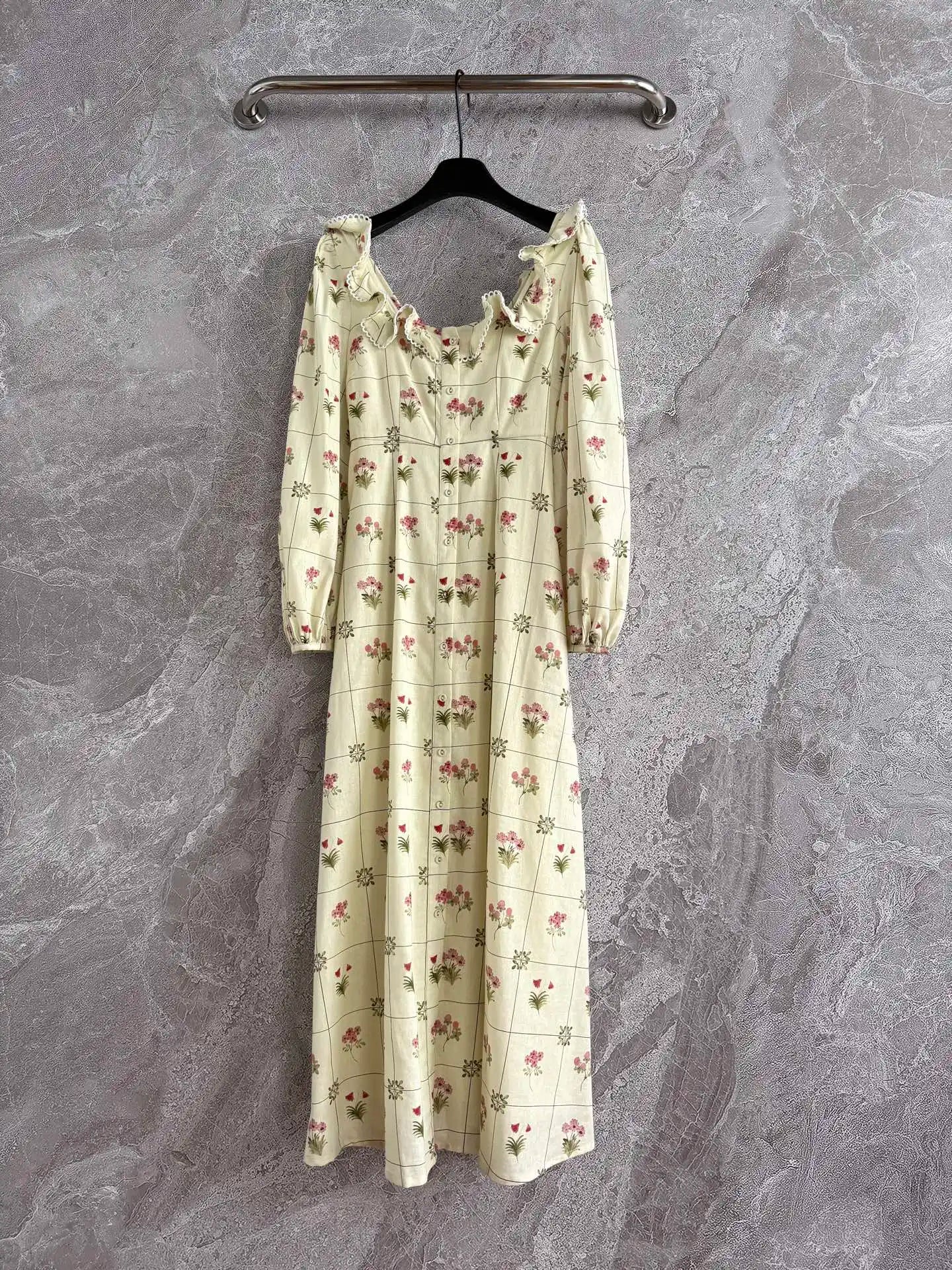Women Flower Printed Single Breasted Long Sleeve Scallop Trim Linen Long Dress
