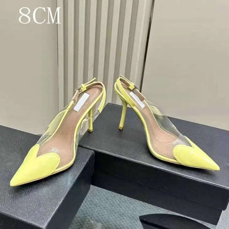 Manufacturer  New Pointy Peach Heart Fine Heel Shoes Sexy Pvc Transparent Film Black Patent Leather High Heel Overhead Sandals   Pumps
