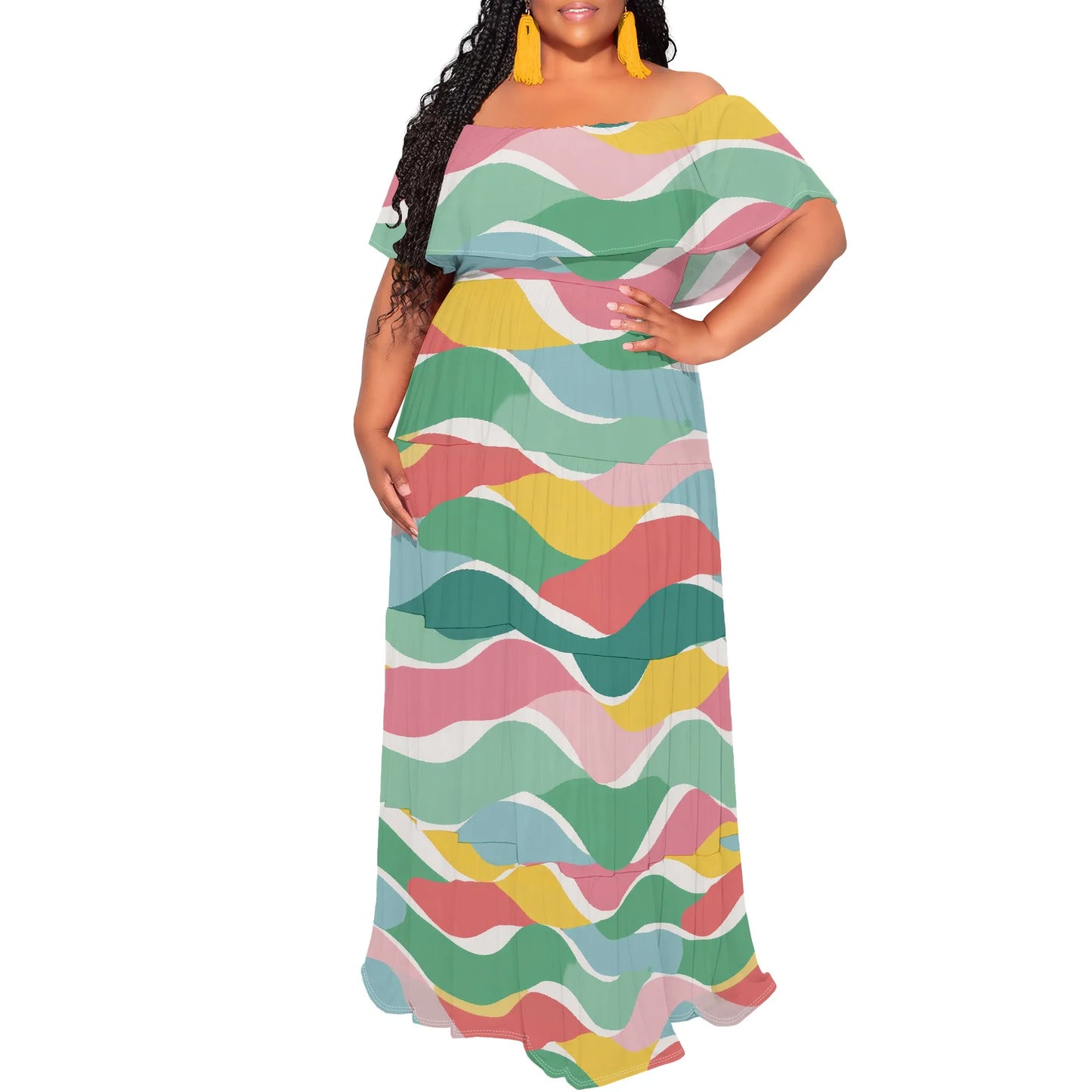 Womens Off The Shoulder Dress Summer Casual Long Ruffle Party Side Split Beach Maxi Dresses with Pockets