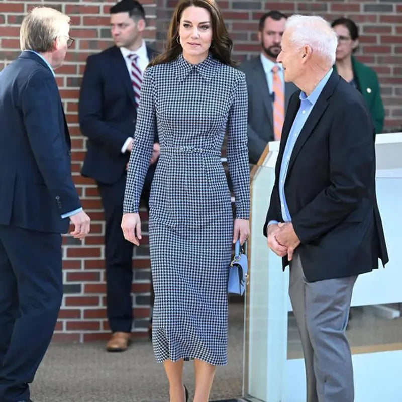 Princess Kate Houndstooth Dress Vintage Swallow Gird Women Dress Long Sleeve OL Dresses