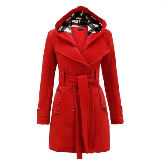 Long Plaid Hooded Coat with Belt Double Row Buttons New Hot Sale Of The Season Women's Woolen Jacket Simple Solid Color Full Sle