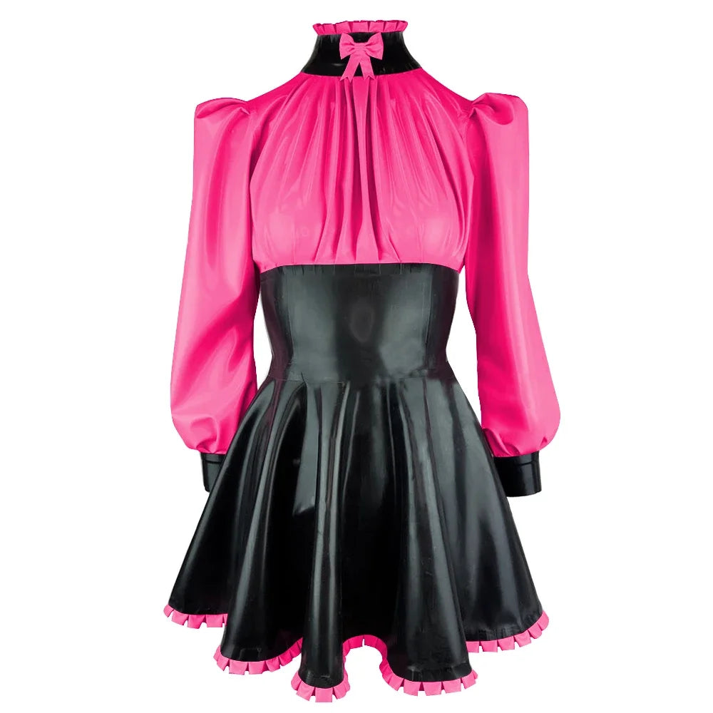 Plus Size High Neck Bow Patchwork Black Faux Latex Mini Dress Women Long Sleeves Slim Fit Ruffled A-line Dress Cocktail Gown