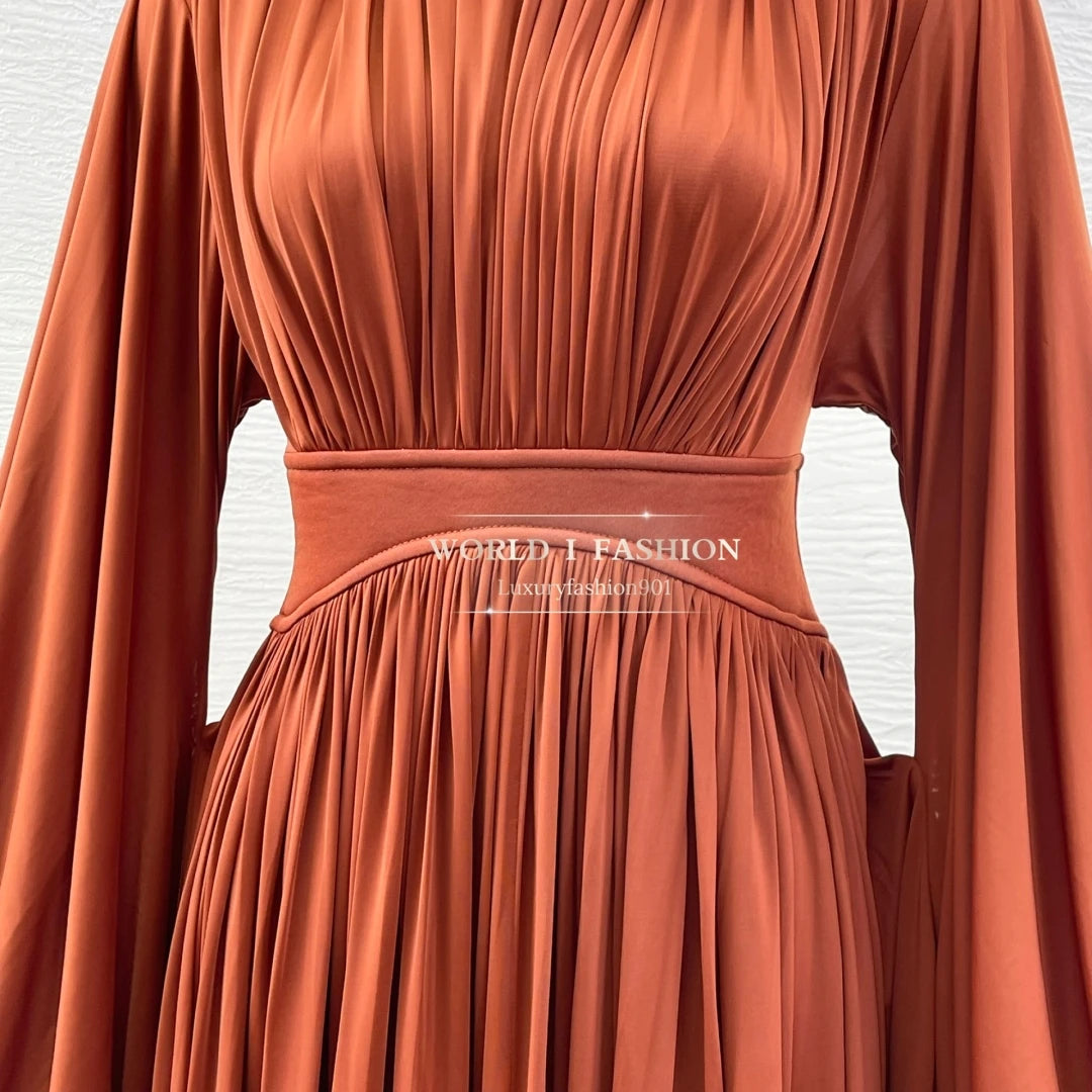 New Fashion Red Long Sleeve O Neck Pleat Midi Dress