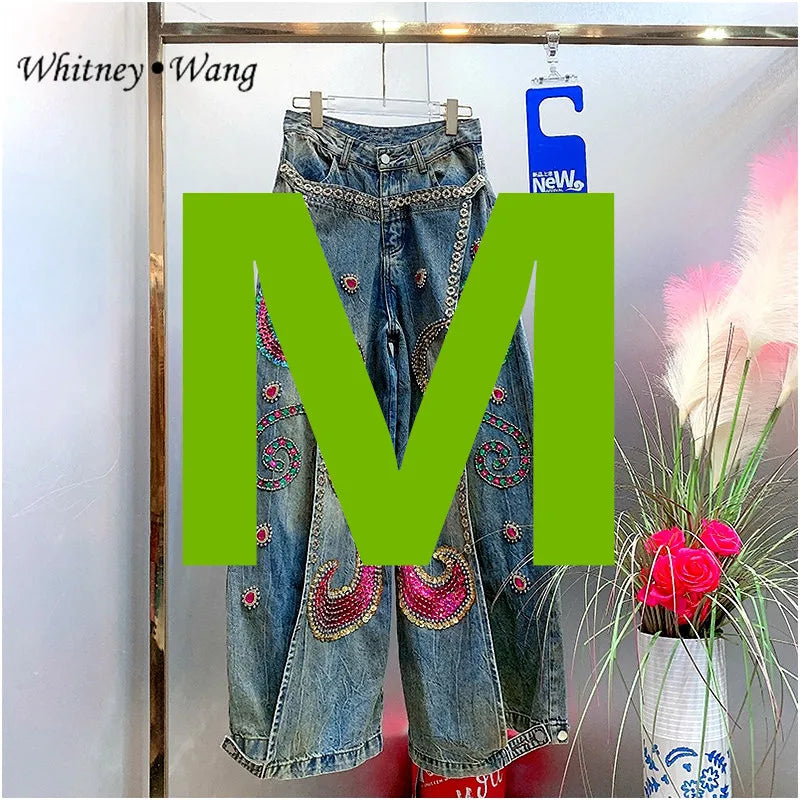 WHITNEY WANG Designer Style  Autumn Winter Fashion Streetwear Sequins Diamonds Wide Leg  Jeans Women Denim Pant Size S-5XL