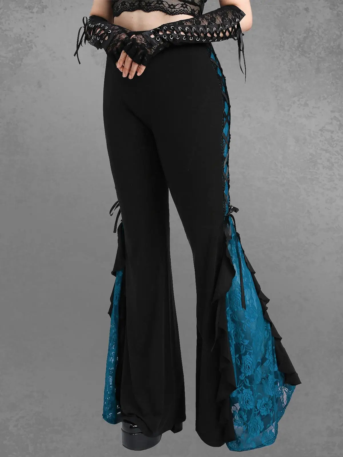 ROSEGAL Plus Size Gothic Lace Panel Lace-up Ruffle Flare Pant Women Streetwear Elastic Waist Pull On Pant Colorblock Bell Bottom