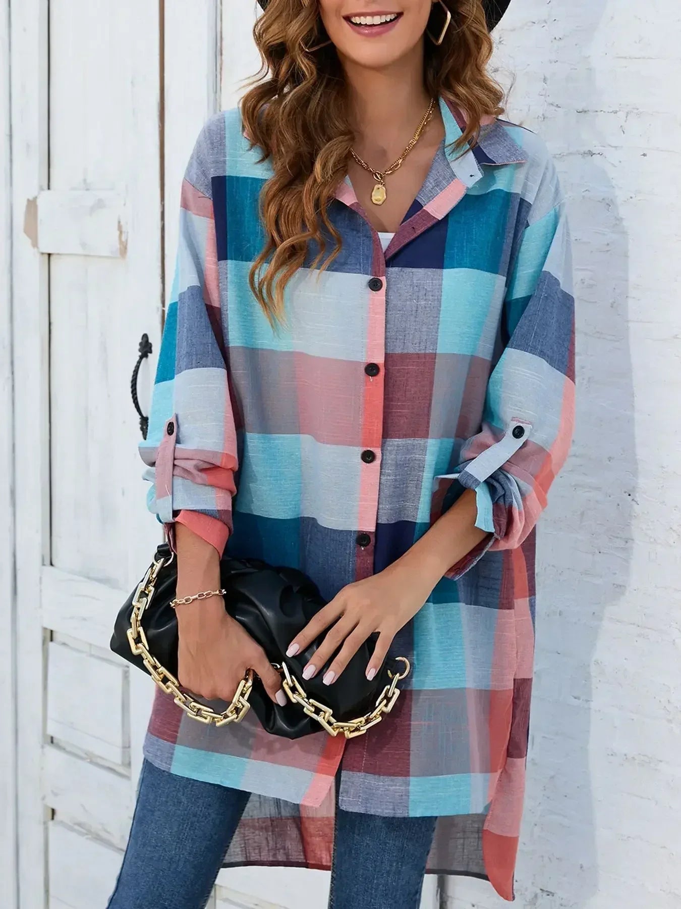 Plus Size 1XL-5XL Women Collar Longline Casual Blouse Lapel Shirt Top Plaid Print Button Up Roll Up Long Sleeve Shirt  T-shirts