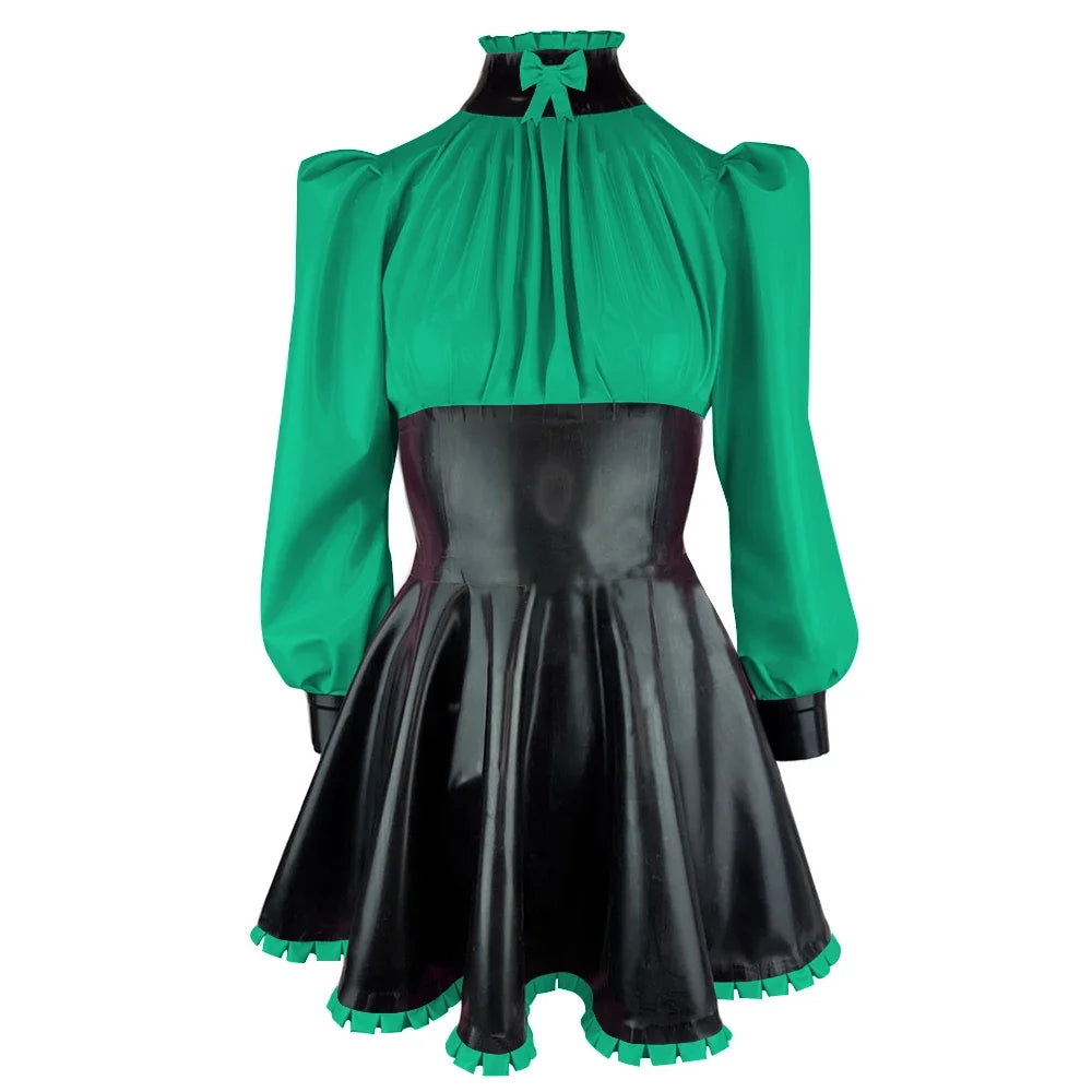 Plus Size High Neck Bow Patchwork Black Faux Latex Mini Dress Women Long Sleeves Slim Fit Ruffled A-line Dress Cocktail Gown