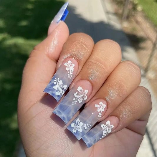 24pcs Y2k Summer Sea Blue Gradient Fake Nails With Water Ripples Designs Long Square Coffin False Nails Set Press On Nail Tips