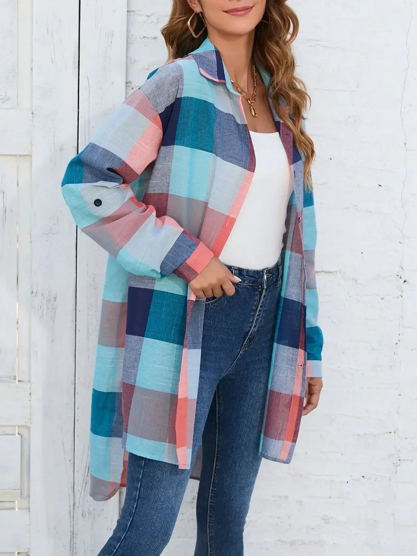 Plus Size 1XL-5XL Women Collar Longline Casual Blouse Lapel Shirt Top Plaid Print Button Up Roll Up Long Sleeve Shirt  T-shirts