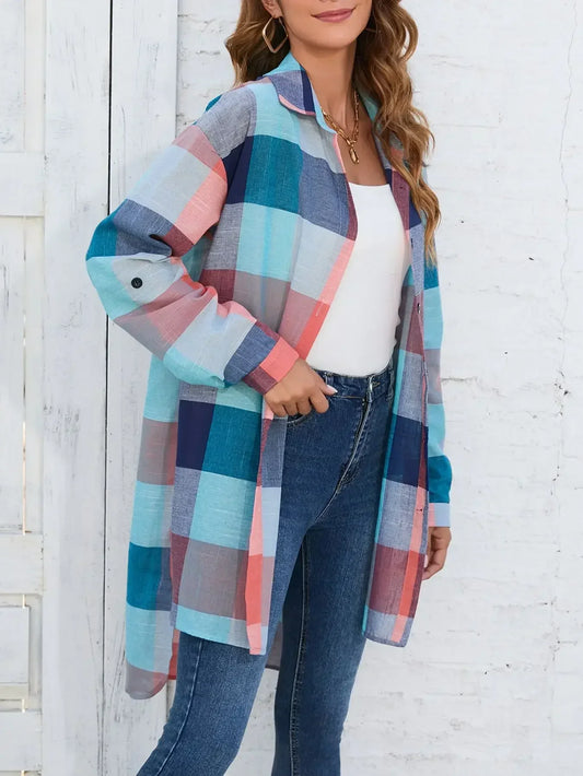 Plus Size 1XL-5XL Women Collar Longline Casual Blouse Lapel Shirt Top Plaid Print Button Up Roll Up Long Sleeve Shirt  T-shirts