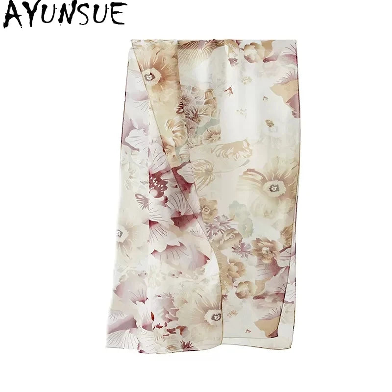 AYUNSUE, 8MM 100%Mulberry Slik Shawls, 170cm Women Floral Printed, Gifts Original Design Scarf,  Spring Autumn