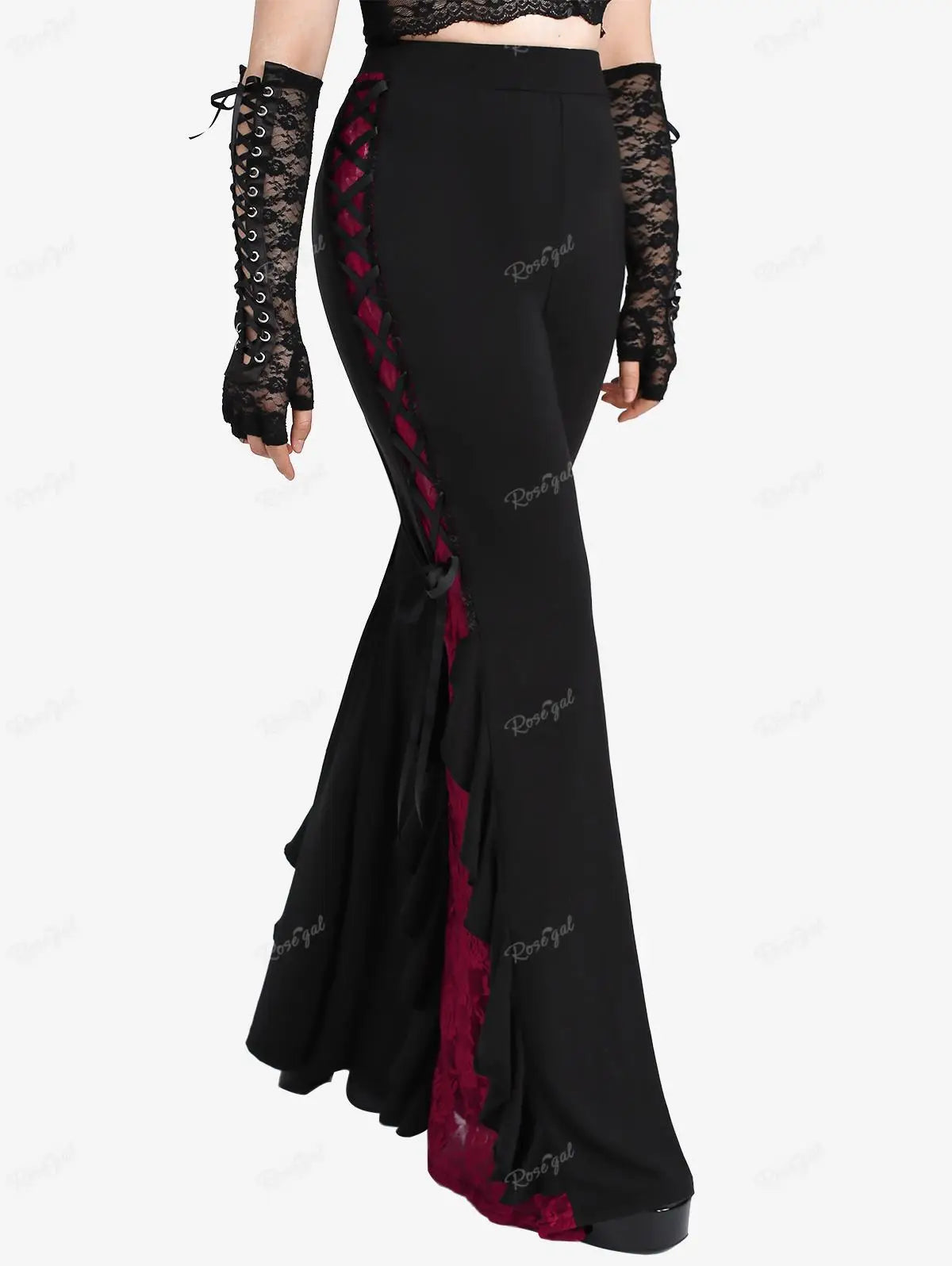 ROSEGAL Plus Size Gothic Lace Panel Lace-up Ruffle Flare Pant Women Streetwear Elastic Waist Pull On Pant Colorblock Bell Bottom
