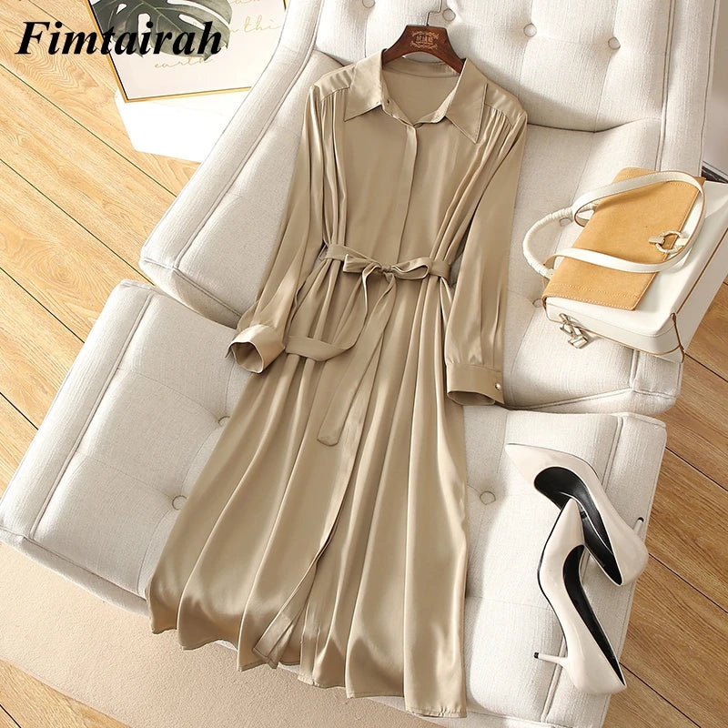 Fimtairah 6A Real Pure  silk dress Women Spring Dress sleeved    long skirt    new mulberry silk  Tops  A -line Lady Dress