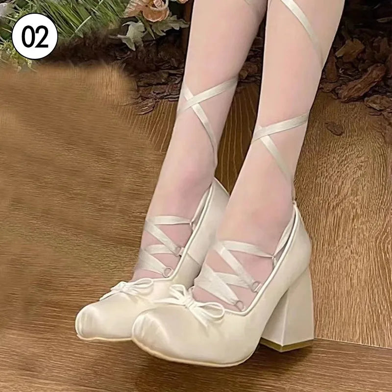 Manufacturer   9cm Chunky Heels Lolita Pumps Shoes Spring Summer French Style Women Mary Janes Shoes Lace Up Ballet Style Single Shoes   Pumps