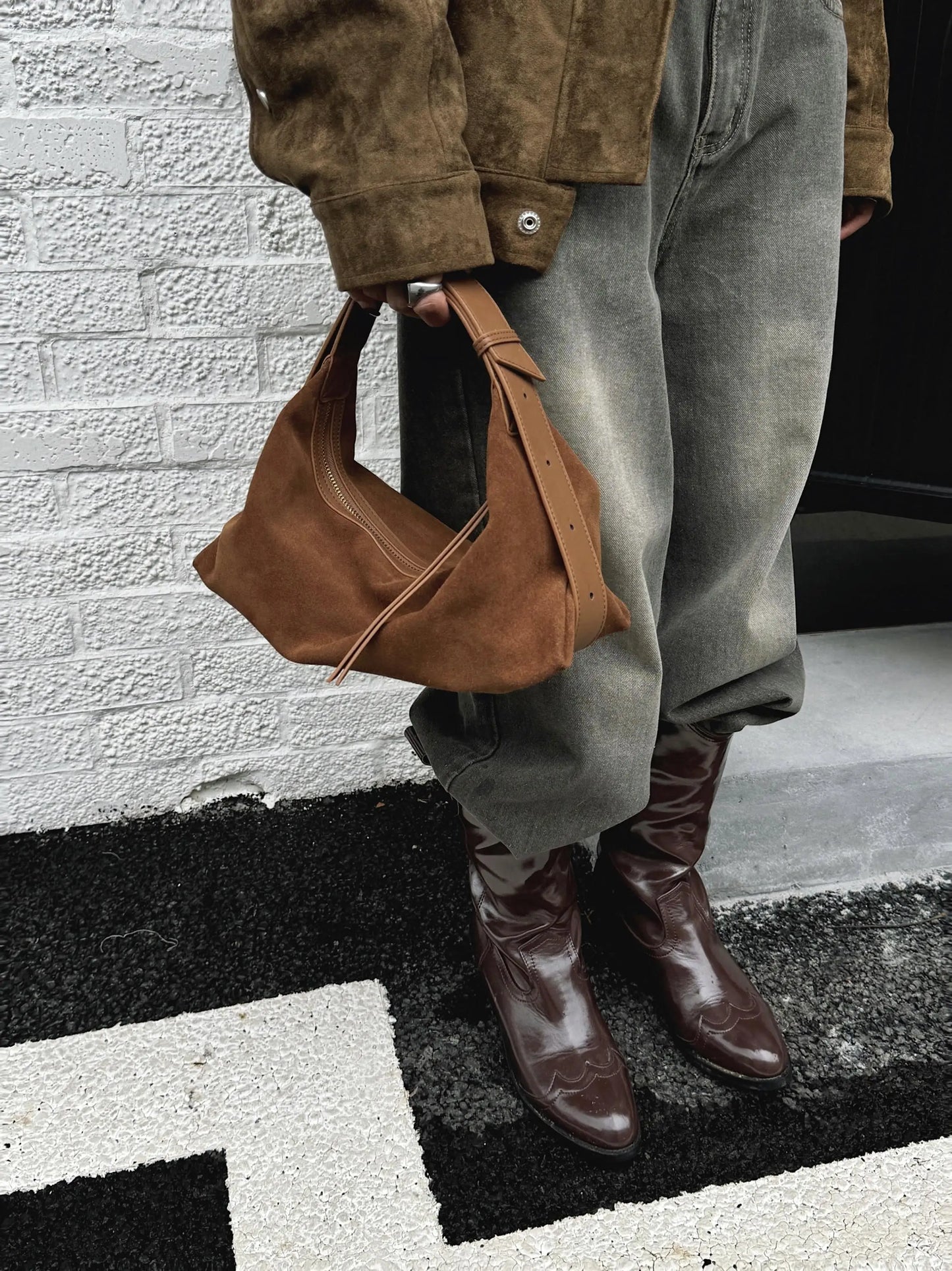 Hot Sale Maillard Coffee Color Triangle Tote Unique Design Thick Suede Cow Leather Women Handbag High Quality Lady Shoulder Bag