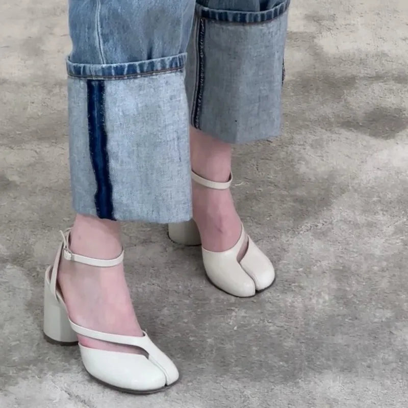 Manufacturer   Ins style Fashion Patent Leather Split Toe Women Pumps Spring Summer Thick High heels Slingbacks Female Tabi Chunky Casual Shoes   Pumps