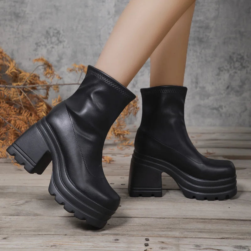 Manufacturer   Women New Fashion Short Boots Women Sexy Leather Boot Square toe casual Zipper high heels Casual thick soled women shoes Zapatos   boots