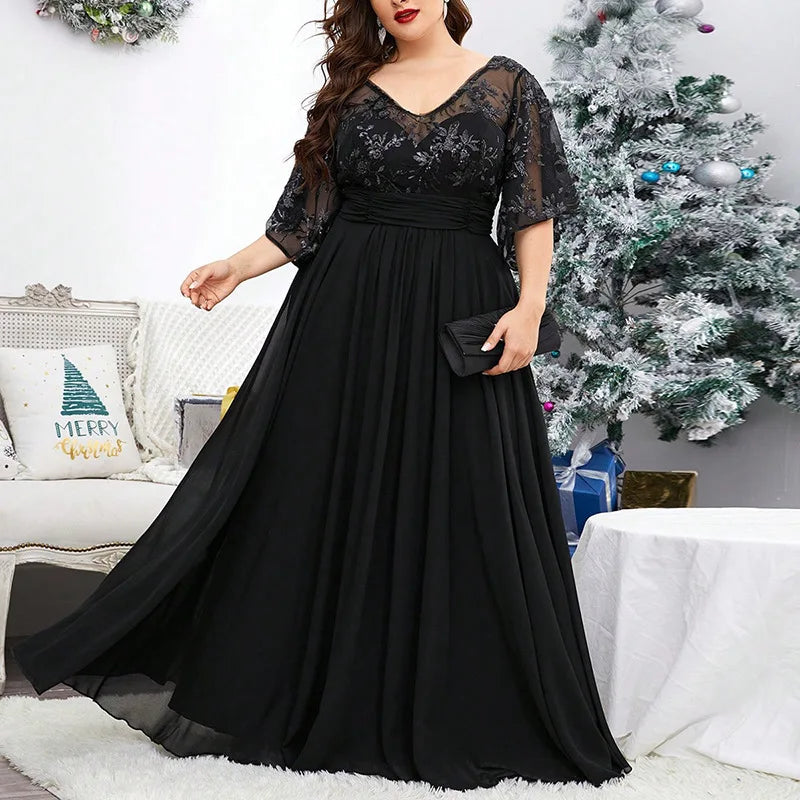 Plus Size Dresses V-neck Sequin Embroidered Frocks See-through Long Sleeve Patchwork Chiffon Full Skirt Evening Gown Ball Dress