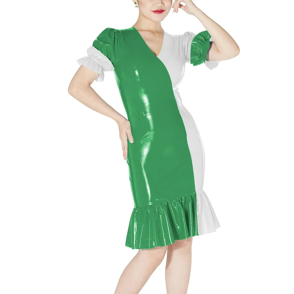 Plus Size Knee-length Patchwork Dress Glossy Faux Leather Party Bodycon Short Sleeve Dress Back Zipper Ruffles Hem Womens Dress