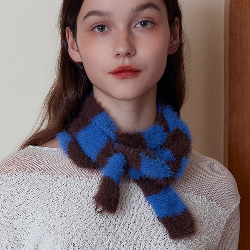 4.5cm*195cm Small Narrow Striped Scarf Y2K Style Women Knit Long Fluffy Scarf Black white Stripes