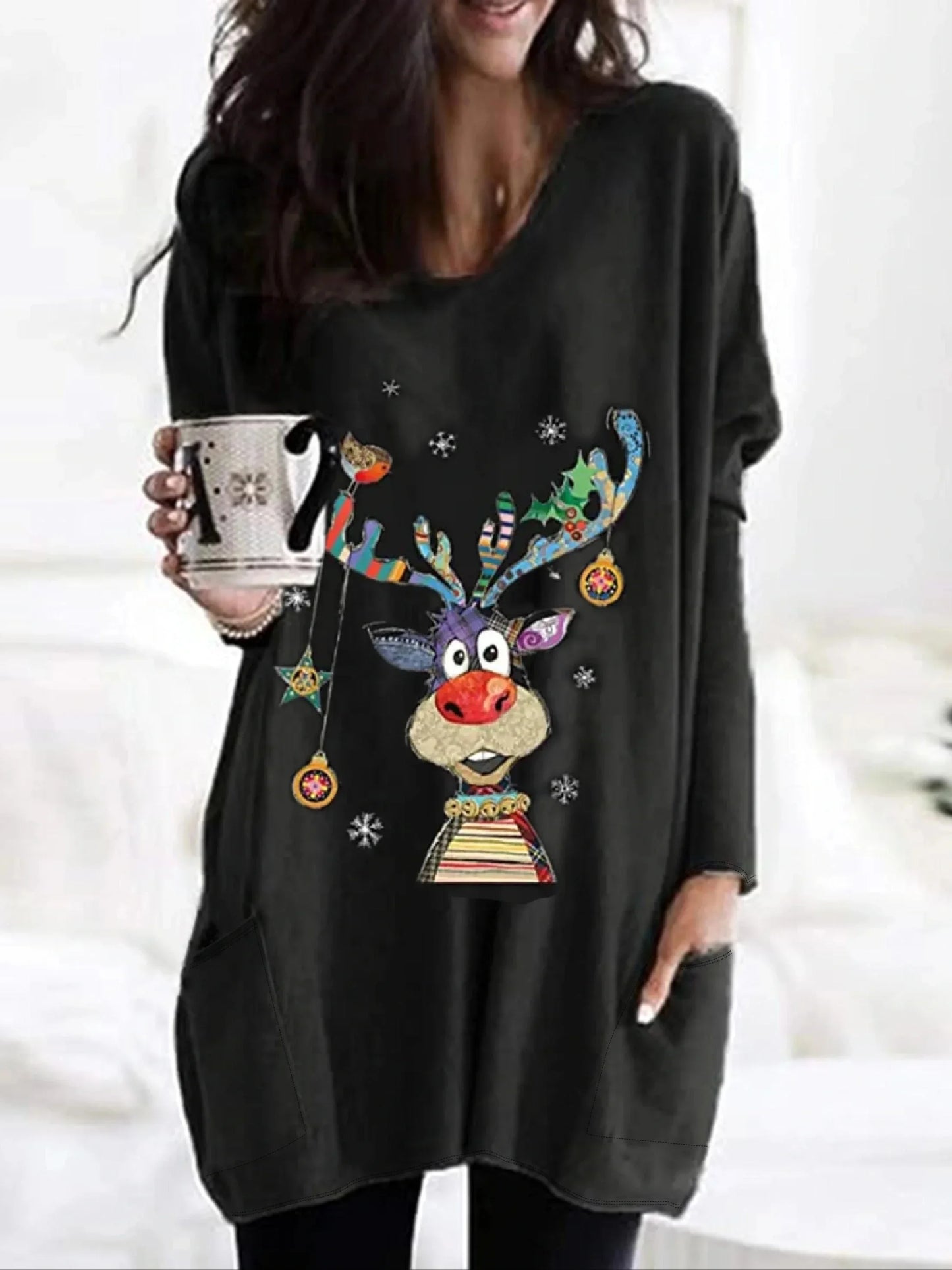 Women's Fashion Plus Size 1XL-5XL Christmas Printed Pocket Long Sleeved T-shirts  Ladies Autumn New Home Clothes Tops