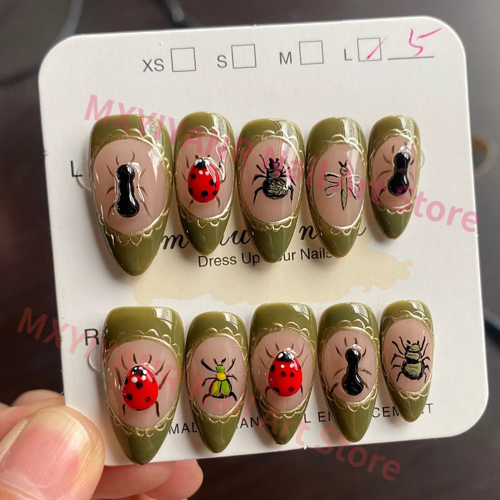 Press On Nails Cute Style Handmade Hot INS Y2K 3D French Green Medium Almond Fake Nails Reusable Full Coverage Art DIY Nails