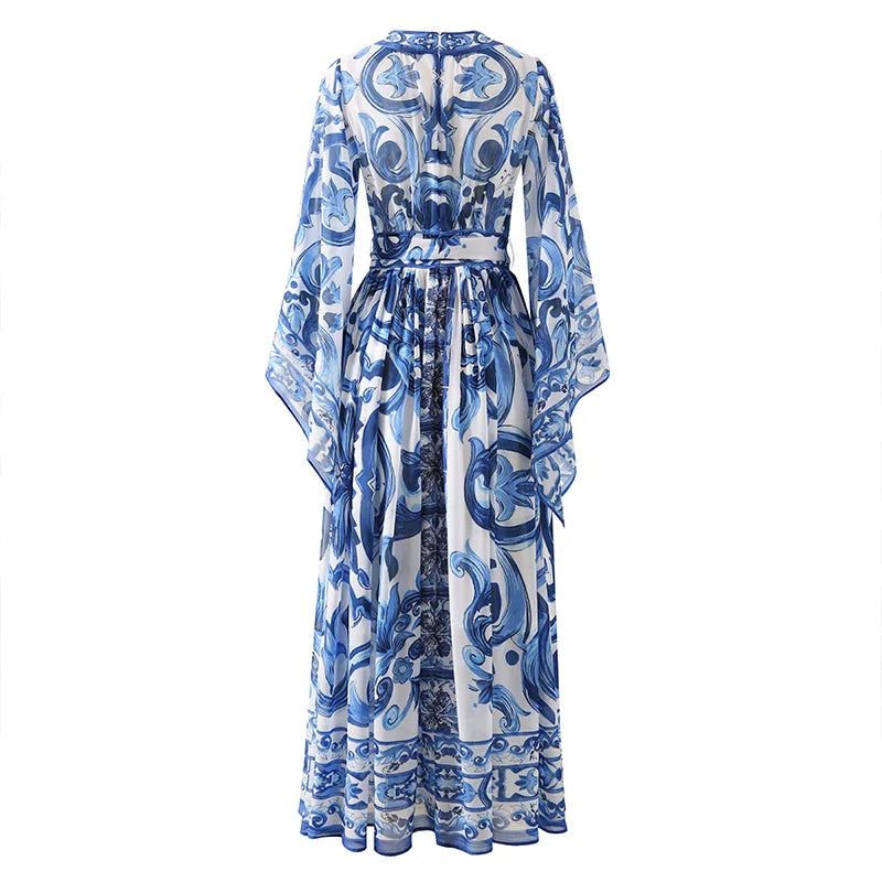 Red Blue And White Porcelain Print Holiday Dress Summer Vintage Bohemia Dress Women's  Loose Lace Up Belt Long Robe Vestido