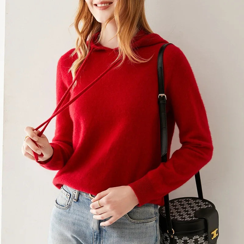 Seamless Real Cashmere Pullovers Sweater Autumn Winter Women 100% Cashmere Knitted Hooded Knitwear Casual Long Sleeve Jumper