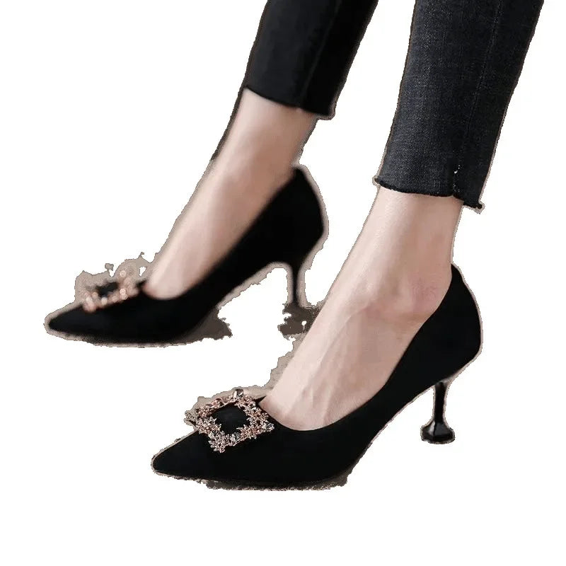 Manufacturer   Black Velvet Square Buckle High Heels Spring Summer New Style Elegance Single Shoes Women Thin Heel Pointed Toe Slip-On   Pumps