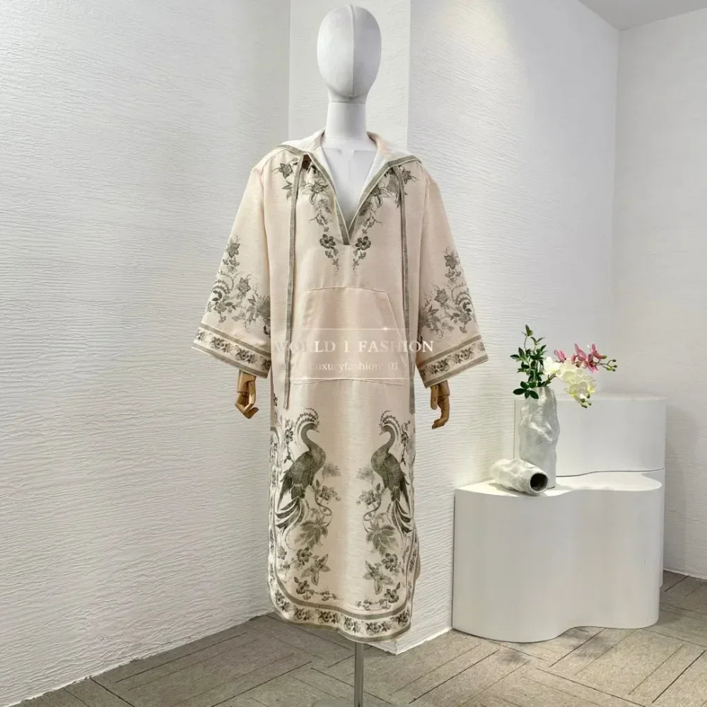 New Fashion Beige Long Sleeve Hooded Peacock Floral Print Loose Midi Dress
