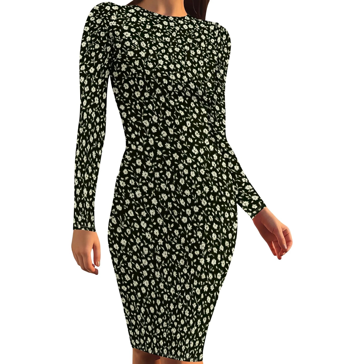 Womens Autumn Dresses Long Sleeve Basic Pencil Smocked Elastic Waist Casual A-Line Sexy Bodycon Mini Dress