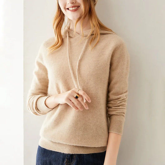 Seamless Real Cashmere Pullovers Sweater Autumn Winter Women 100% Cashmere Knitted Hooded Knitwear Casual Long Sleeve Jumper