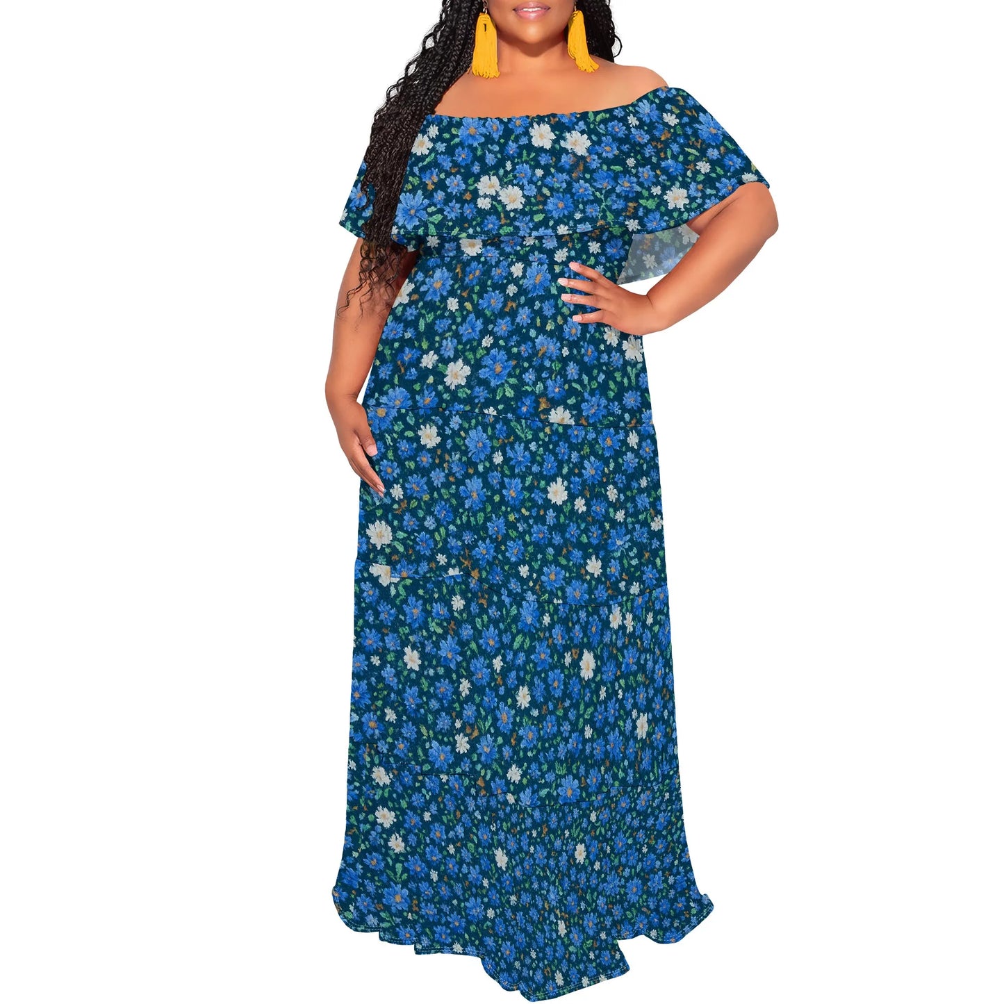 Womens Off The Shoulder Dress Summer Casual Long Ruffle Party Side Split Beach Maxi Dresses with Pockets
