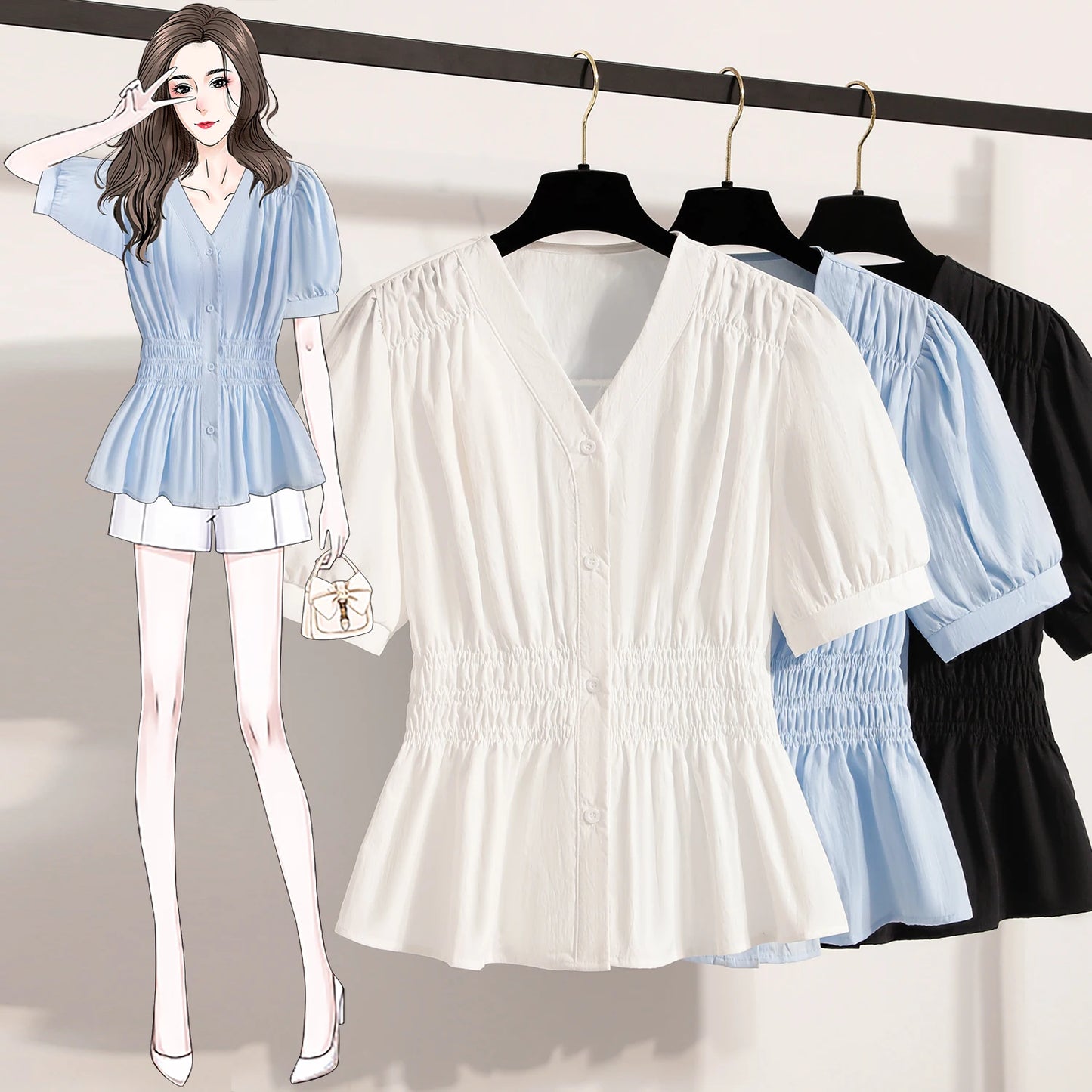 Plus Size Chiffon Blouse Women Summer New Fashionable V Neck Short Sleeve Big Size Women Tops Elastic Waist Shirts Blouses  dress